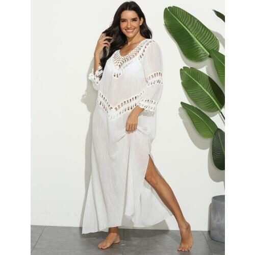 H80&S90 European and American Women Long Dress Half Sleeve hook Splicing V-Neck Slit Sexy Long Dress