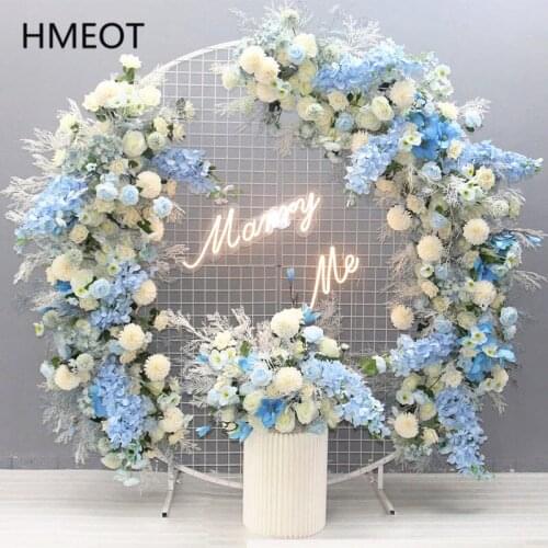 Custom Blue Artificial Moon Shape Flower Row Wedding Arch Backdrop Wall Decor Flower Arrangement Table Flower Party Stage Layout