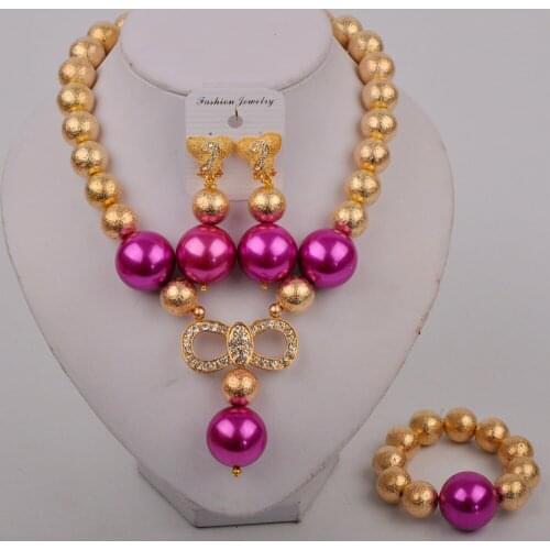 Fuchsia Pink Pearl Jewelry Sets Chocker Necklace Bracelet Earrings Nigerian Wedding Bridal Jewelry Set