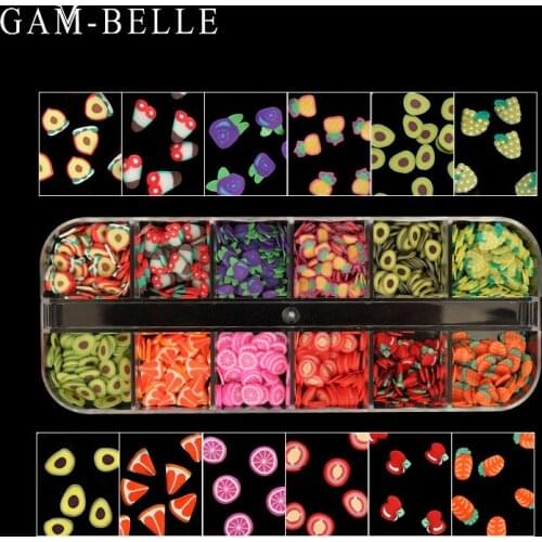 GAM-BELLE 12 Grids/Box Mixed 3D Fruit Nail Art Slices Sticker Polymer Clay Nail Decorations Polish Manicure Nail Art Accessories