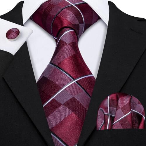 Barry.Wang Classical Plaid Burgundy Tie For Men 100% Silk Necktie Gift Box Set Grape Purple Men tie Wine Red Wedding Tie LS-5151