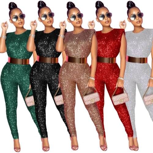 VAZN Hot Sale Sexy O-neck Sequins Glitter Office Lady Women Sleeveless Banquet Party Beach Jumpsuits Full Pant Bandage Rompers