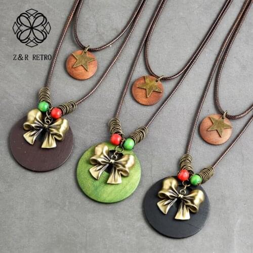 Bowknot Pendants Iayar Long Necklace Women Jewelry Vintage Wooden Rope Chains Chokers Collier Femme Gifts For Friends Suspension
