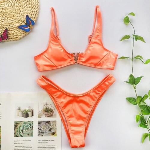 Micro Bikini 2020 Sexy Thong Swimsuit Zipper Neon Orange Push Up Padded Biquini Brazilian Bathers Bathing Suit Mini Swimwear