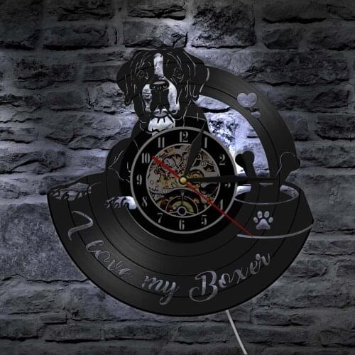 Dogs Boxer Wall Clock Boxer Dog Pet Shop Vinyl Record Wall Clock Modern Design LED Night Light Home Decor Dog Owners Gift