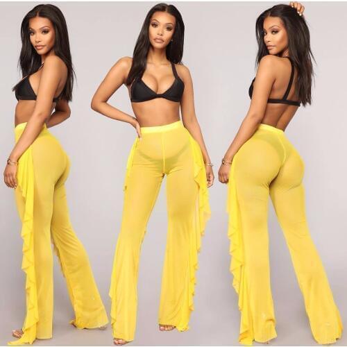 New Sexy Ruffle Women Beach Mesh Pants Sheer Wide Leg Pants Transparent See through Sea Holiday Cover Up Bikini Trouser Pantalon