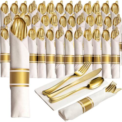 40 Pieces of Pre-Rolled Golden Plastic Silverware Disposable Cutlery and Napkin Suitable for 10 People Dinner Party Wedding