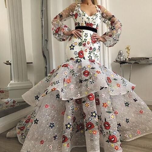 SuperKimJo Vestidos De Fiesta De Noche Luxury Prom Dresses Long 2020 Mermaid Embrodiery Applique Modest Tiered Prom Gown