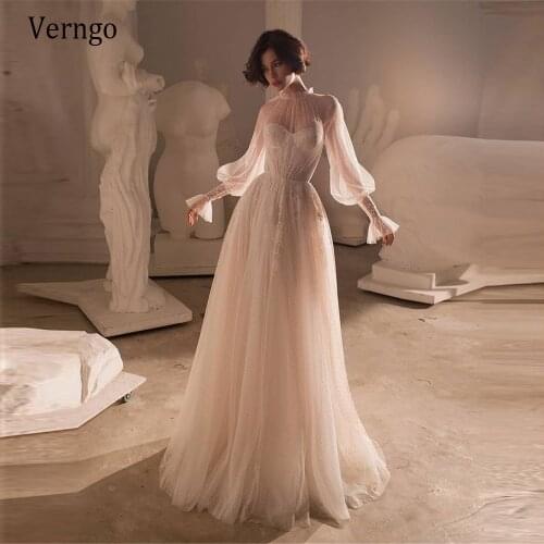 Verngo A Line Dots Tulle Puff Long Sleeves Wedding Dress High Neck Lace Applique Underneath Modest Bridal Dresses Buttons Back
