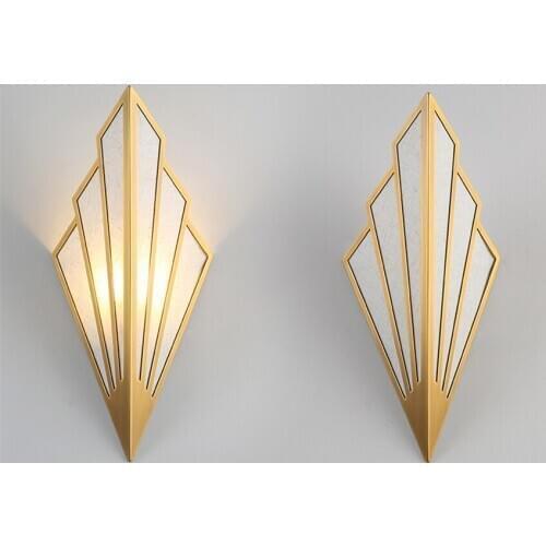 Post-modern Triangular Brass Fan Fabric Wall Lamps Iron Art Deco Chinese Wall Lights Hotel Clubhouse Restaurant Bedroom Lamps