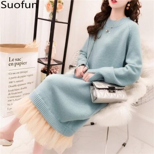 Casual Solid O-Neck Mid Length Over Knee Womens Woolen Dress 2021 New Fashion Loose Lace For Girls Spring Autumn Sweater Dress