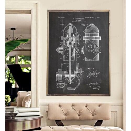 Fire Hydrant Patent Fire Fighter Poster Wall Art Canvas Painting Vintage Blueprint Fire House Art Prints Pictures Firefighter