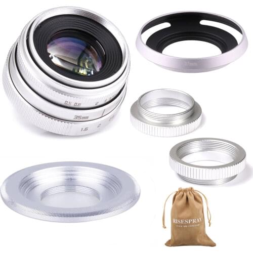 Silver Mini 35mm f/1.6 APS-C CCTV Lens+adapter ring+2 Macro Ring+lens hood for Panasonic/O lympus Micro4/3 M4/3 Mirroless Camera