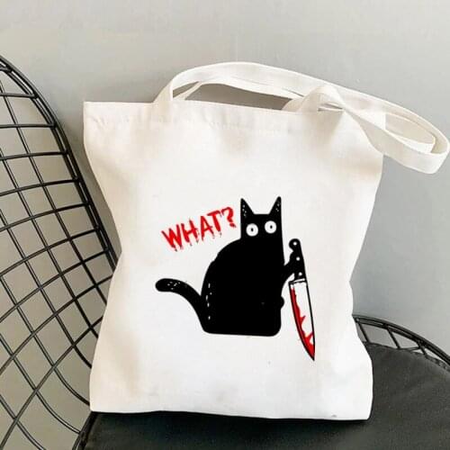 Shopper Funny Cat Holding Knife Costume Printed Tote Bag women Harajuku shopper handbag Shoulder shopping bag Lady Canvas Bag