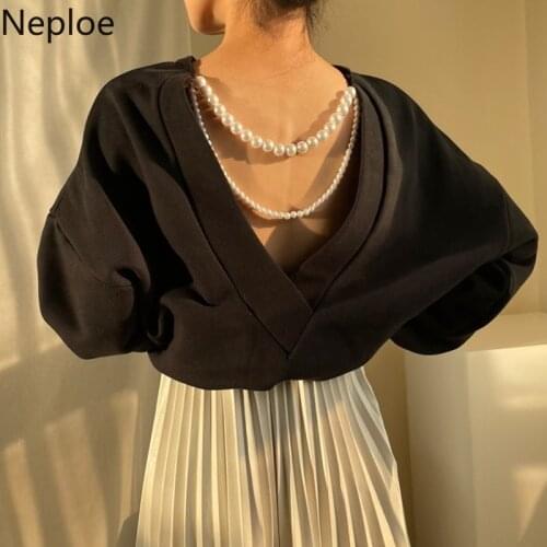 Neploe Korean Sweatshirt Women Fall Clothing Chic Beading Backless Temperament Pullovers Tops Loose Streetwear Hoodies Mujer