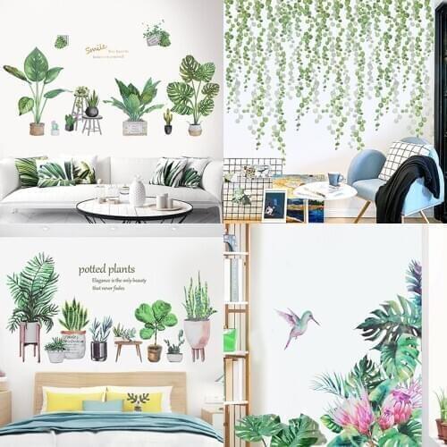 Green Leaves Wall Sticker Creative PVC Tropical Plants Wall Stickers for Bedroom Living Room Wallpaper Decorations Murals Decals