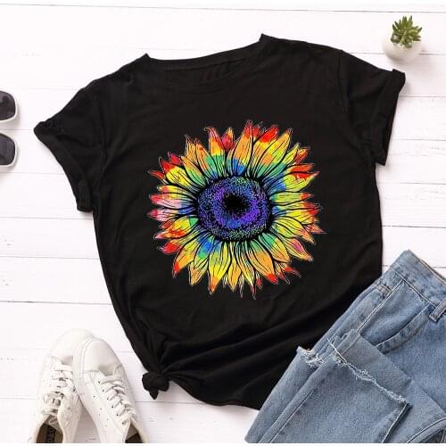 2021 Colorful Flower Print Women Summer T Shirt O-neck Short Sleeve Tshirts Causal Harajuku Clothes T-shirt