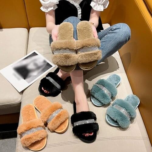 WomenS Slippers Furry Warm Non-Slip Ladies Home Cottin Shoes Round Toe Rhinestone Woman Men Fluffy Bedroom Autumn Winter New