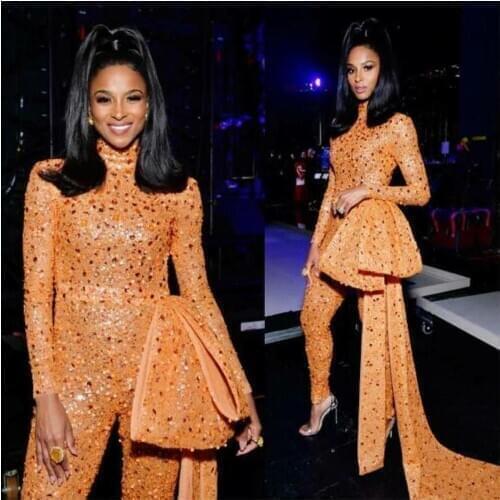 Fashion High Collar Jumpsuits Prom Dresses Long Sleeves Gold Sequined Crystal South African Girls Party Dress Evening Gowns