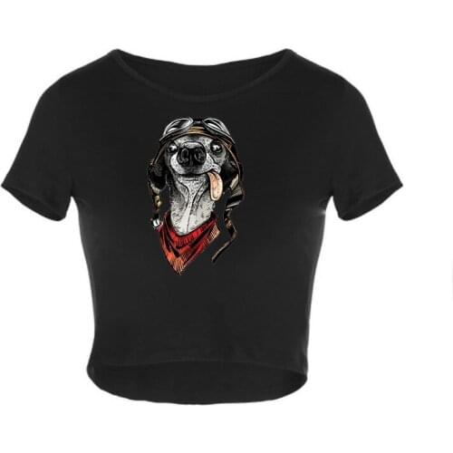 New Ladies Print Pilot Dog Crop Top Slim Short Sleeves Casual Appliques Daily Tee