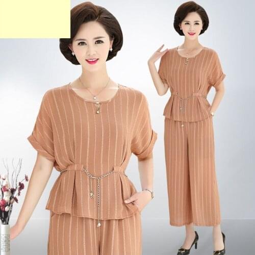 Mothers Summer Clothing Suit Plus size 2-piece sets Loose Short-sleeved Chiffon Shirt Top+pants Ladies Casual Set Clothing