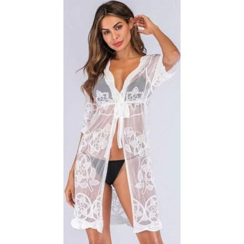 2021 Summer Chiffon Beach Cover Up White V Neck Sunscreen Beach Dress Women Half Sleeve Bikini Cover-Ups Sexy Cardigan Beachwear