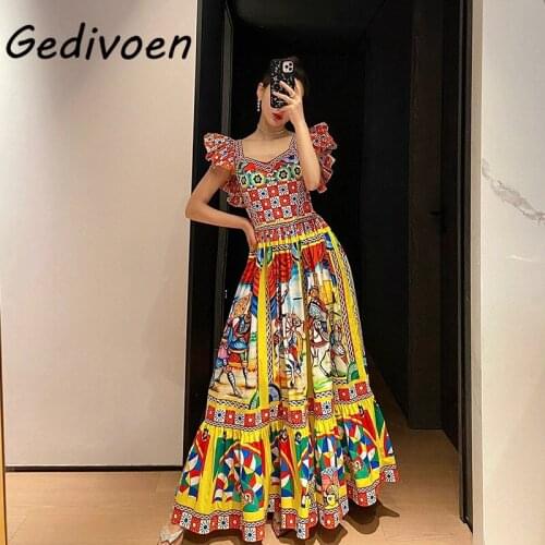 Gedivoen Fashion Designer Summer Runway Cotton Vintage Dress Womens Square Collar Retro Printing Ruffles Holiday Butterfly Slee