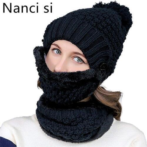 Nanci si Winter Beanie Hat Scarf and Mask Set 3 Pieces Thick Warm Slouchy Knit Cap Gorras Bonnet Warm Baggy Hat For Women