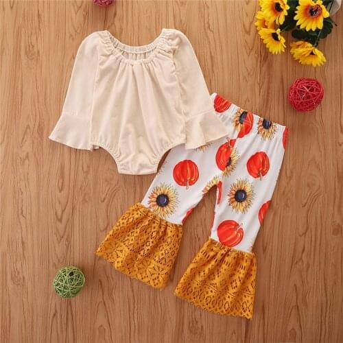 Children Baby Girls Halloween 2Pcs Outfits Infant Solid Flare Sleeve Playsuit + Pumpkin Sunflower Print Patchwork Pants Clothes