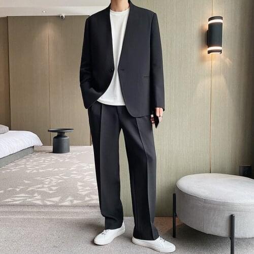 Collarless Single button Blazers Men Korean Harajuku Streetwear Fashion Loose Casual Suit Coat Male Suit Jacket Blazer