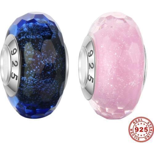 5pcs 925 Sterling Silver Core Pink Blue Sands Faceted Lampwork Murano Glass Beads For European Charm Bracelet Necklace DSG08