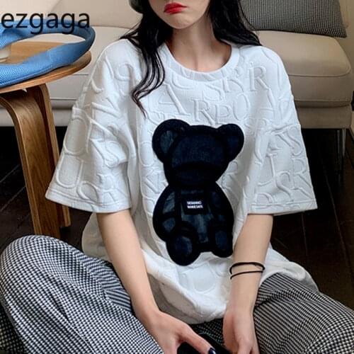 Ezgaga Cartoon Bear T Shirts Women 2021 Spring Summer Harajuku Korean Fashion Loose Short Sleeve Streetwear Lady Tshirts Casual