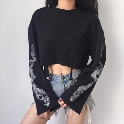 Brand New Spring Autumn Women Long Sleeve T-Shirts Diablo Series Dragon Print Warm Crop Top Pullover Loose Sweatshirt Fashion