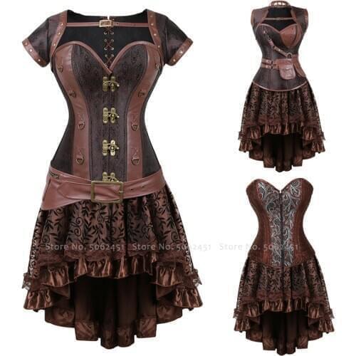 Carnival Medieval Steampunk Gothic Leather Vest Women Palace Vintage Corset Girdle Waistband Sexy Slim Retro Bodycon Party Dress