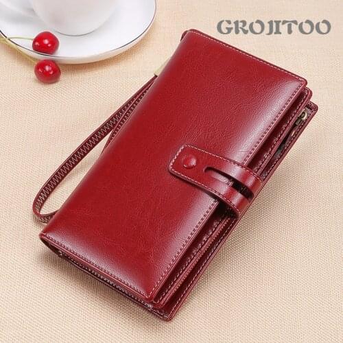 GROJITOO Genuine leather womens wallet RFID long zipper leather wallet for women large capacity hand bag card purse