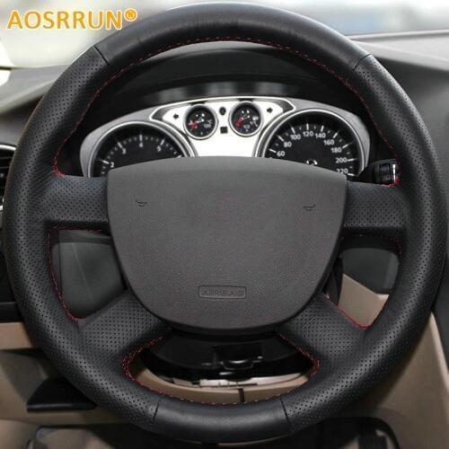 AOSRRUN Car-styling Leather Hand-stitched Car Steering Wheel Covers for Ford Kuga 2008-2011 Focus 2 2005-2011 Car accessories