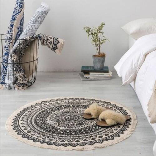 Morocco Round Rug Boho Style Tassel Cotton Fabric Carpet Mat Door Blanket Decor