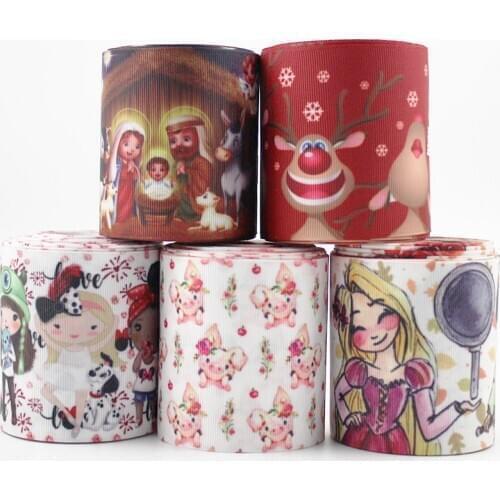 3" 75mm wide cartoon printed webbing Striped polyester grosgrain ribbon DIY hair Bow fabric band