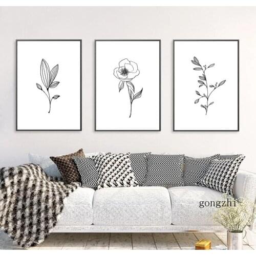 Minimalist Leaf Flower Pencil Drawings Canvas Painting Botanical Contour Prints Black White Wall Art Picture Poster Home Decor