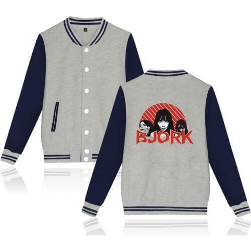 New ptinted Bjork Baseball Jacket women men Fashion Hip Hop Cotton Harajuku Warm Bjork womens gray and blue Baseball Jacket