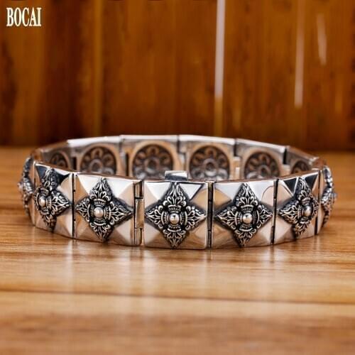 BOCAI New 100% S925 pure silver Man bracelet individual ethnic style six-character mantra vajra wide version vintage tank chain