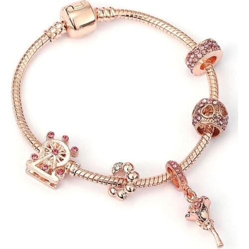 New Arrival Rose Gold Color Crystal Rose Flower Charm Beads Fit Fashion Brand For Women Valentines Day Jewelry Gift
