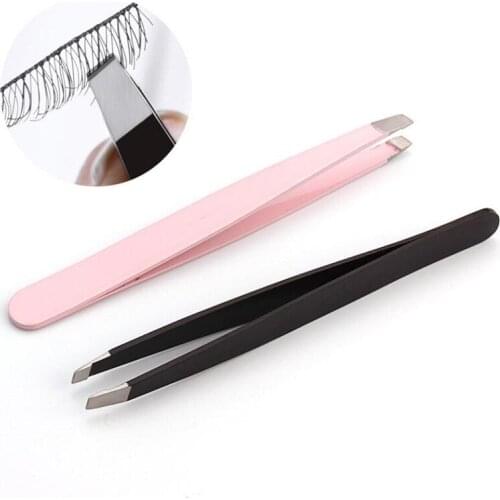 1pc Hair Removal Tweezers Stainless Steel Eyebrow Tweezers Pink Slanted Black Tip Point Face Harmless Makeup Beauty Tool Sliver