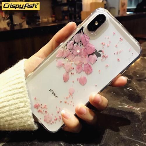 Crispyfish Real Flowers Dried Transparent Soft TPU Silicone Case Cover For iPhone 7 8 Plus Clean Case For 6 6s X XR XS MAX Cover