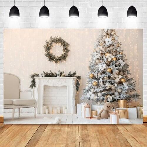 Christmas Background For Photography Fireplace Glitter Lights Tree Gifts Bear Scene Child Family Shoot Photo Backdrop Photocall