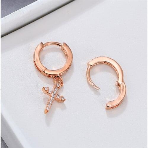 Simple Female Cross Crystal Earrings Rose Gold Silver Color Hoop Earrings Cute Zircon Asymmetrical Wedding Earrings For Women