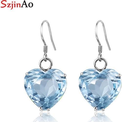 SzjinAo Aquamarine Earrings For Women Handmade March Birthstone Heart Earrings 925 sterling silver Vintage Earring Wedding Gift