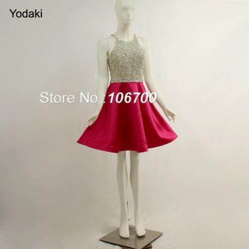 Real Photos Crystal Beaded Short Mini Prom Dresses O Neck Off the Shoulder Open Back Fuchsia Black Colors Party Evening Gowns