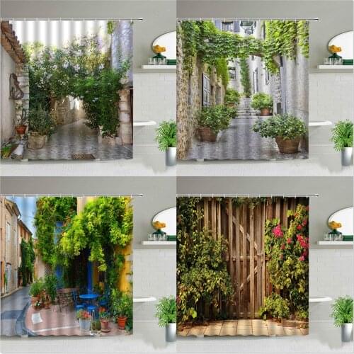 Rural Street Scenery Shower Curtains Flowers Green Plant Background Wall Decor Cloth Hanging Curtain Bathroom Screen With Hooks