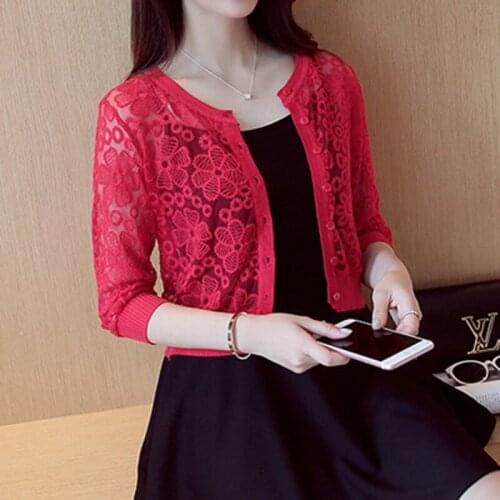 Embroidery Mesh Crochet Lace Embellished Cape Three Quarter Sleeve O-neck Women Cardigan Short Femme Bolero Coat